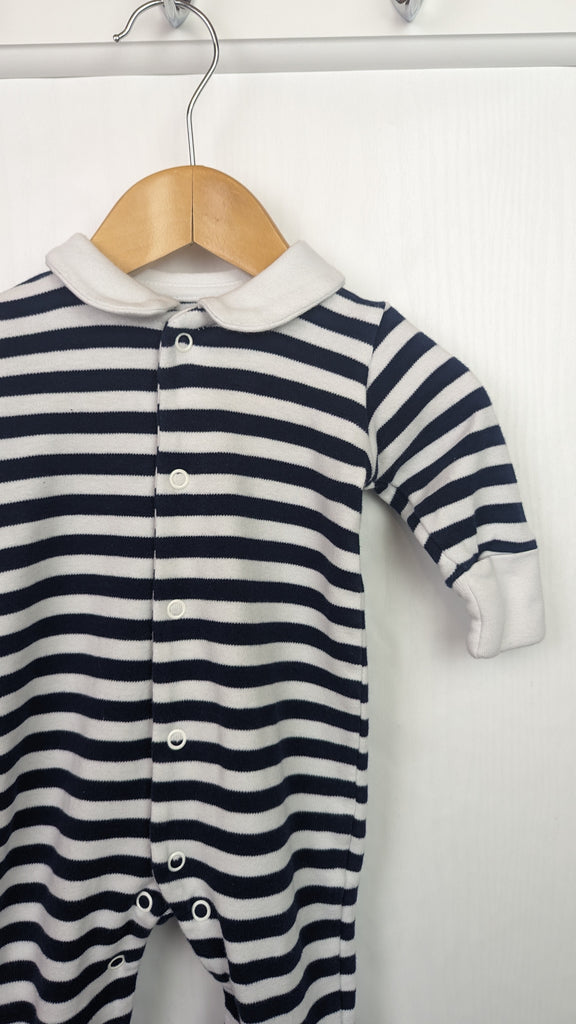 Matalan White & Navy Striped Sleepsuit - Unisex Newborn Matalan Used, Preloved, Preworn & Second Hand Baby, Kids & Children's Clothing UK Online. Cheap affordable. Brands including Next, Joules, Nutmeg, TU, F&F, H&M.