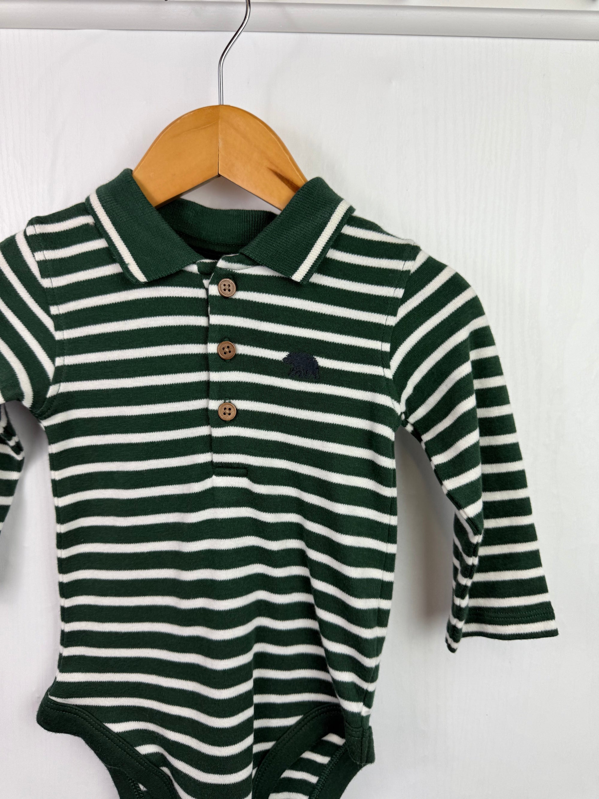 Nutmeg Green Striped Collar Bodysuit - Boys 6 - 9 Months - Little Ones Preloved. Second Hand Children's & Preloved Baby, Kids, Girls & Boys Clothes. UK online
