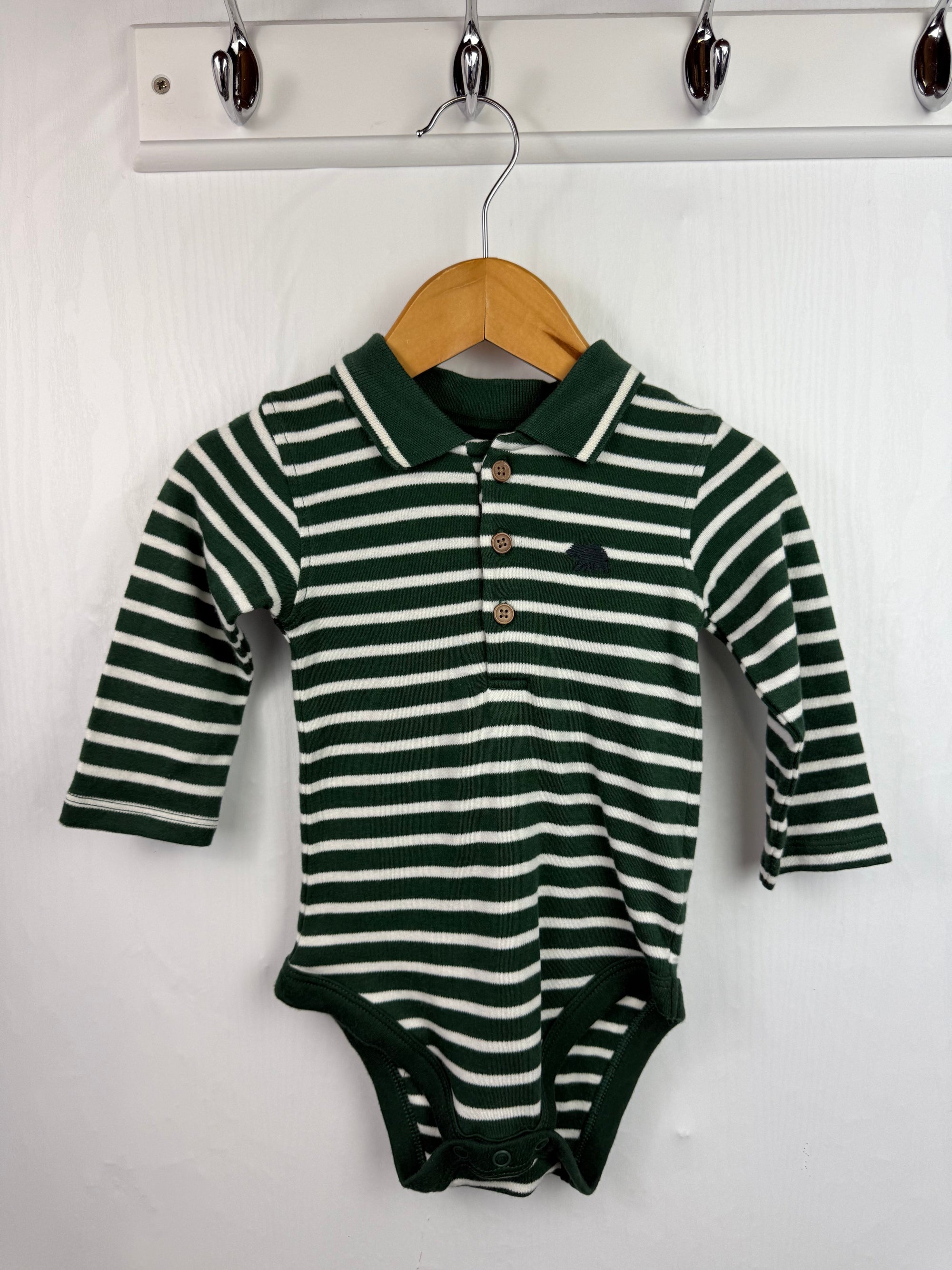 Nutmeg Green Striped Collar Bodysuit - Boys 6 - 9 Months - Little Ones Preloved. Second Hand Children's & Preloved Baby, Kids, Girls & Boys Clothes. UK online