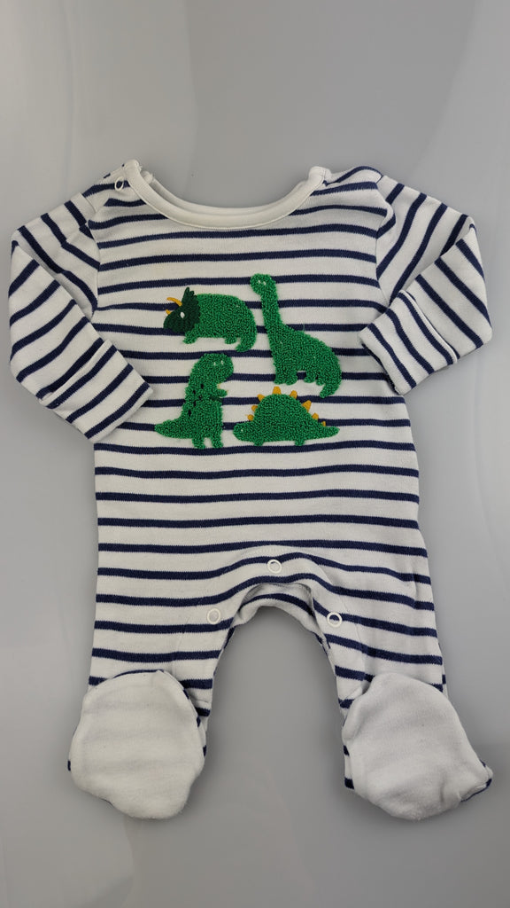 M&S Striped Dinosaur Sleepsuit - Newborn Boys Marks & Spencer Used, Preloved, Preworn & Second Hand Baby, Kids & Children's Clothing UK Online. Cheap affordable. Brands including Next, Joules, Nutmeg Morrisons, TU, F&F, H&M.