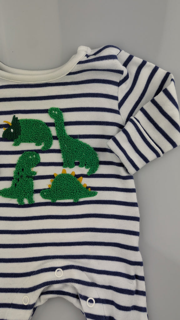 M&S Striped Dinosaur Sleepsuit - Newborn Boys Marks & Spencer Used, Preloved, Preworn & Second Hand Baby, Kids & Children's Clothing UK Online. Cheap affordable. Brands including Next, Joules, Nutmeg Morrisons, TU, F&F, H&M.