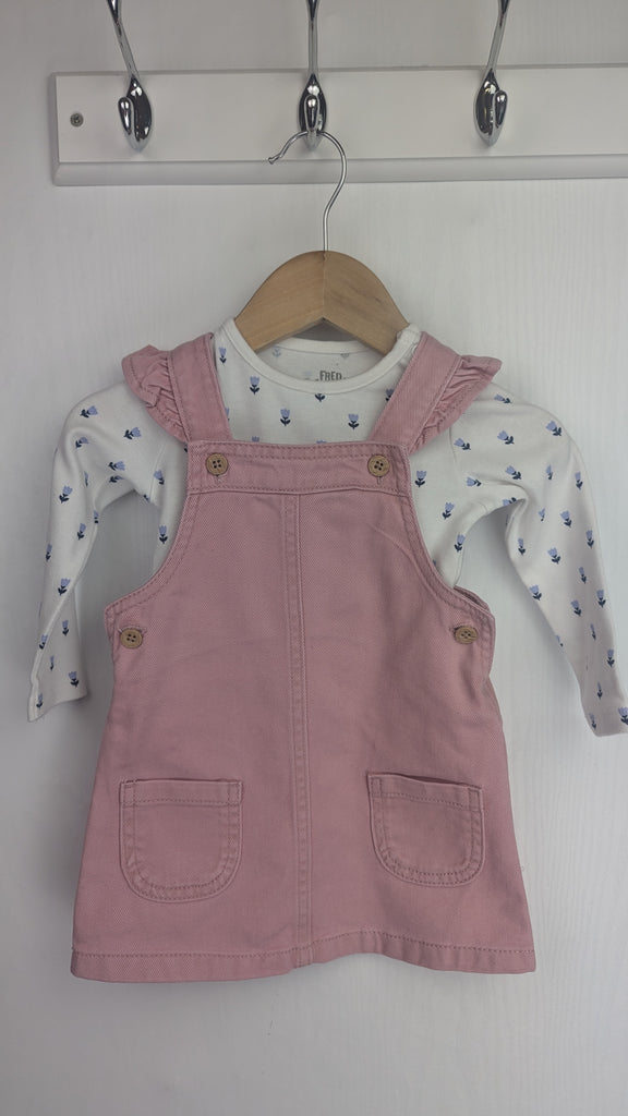 F&F Pink Dungaree Dress & Floral Bodysuit Outfit - Girls 6-9 Months F&F Used, Preloved, Preworn & Second Hand Baby, Kids & Children's Clothing UK Online. Cheap affordable. Brands including Next, Joules, Nutmeg Morrisons, TU, F&F, H&M.