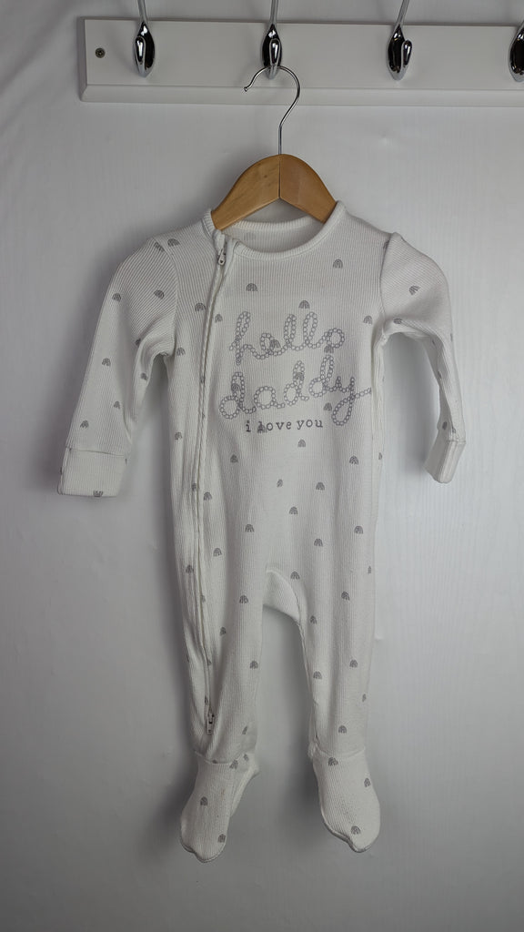 George Ribbed 'Hello Daddy' Sleepsuit - Unisex 3-6 Months Little Ones Preloved Used, Preloved, Preworn & Second Hand Baby, Kids & Children's Clothing UK Online. Cheap affordable. Brands including Next, Joules, Nutmeg Morrisons, TU, F&F, H&M.