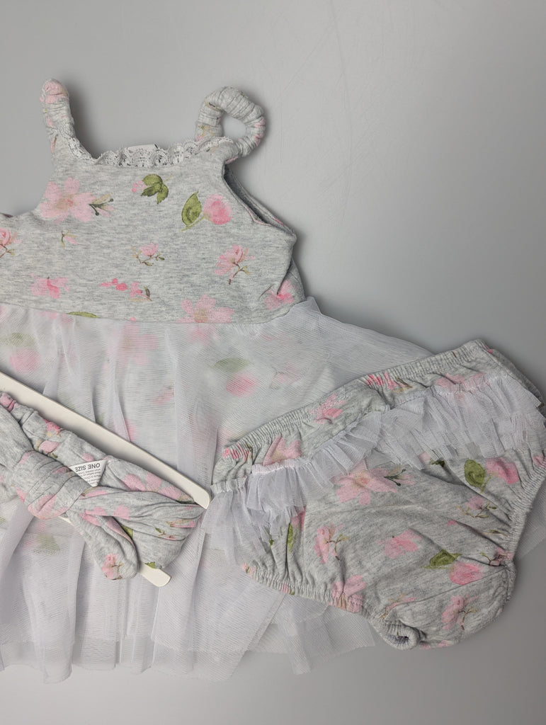 Rene Rofe Grey Floral Dress - Girls 0-3 Months Little Ones Preloved Used, Preloved, Preworn Baby, Girls & Boys Clothes. Kids & Children's second hand Clothing UK Online. Cheap affordable. Brands including Next, Joules, Nutmeg Morrisons, TU, F&F, H&M.