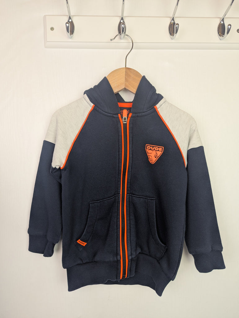 F&F Navy 'Dude' Zip Hoodie - Boys 3-4 Years Little Ones Preloved Used, Preloved, Preworn Baby, Girls & Boys Clothes. Kids & Children's second hand Clothing UK Online. Cheap affordable. Brands including Next, Joules, Nutmeg Morrisons, TU, F&F, H&M.