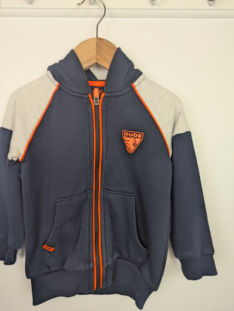 F&F Navy 'Dude' Zip Hoodie - Boys 3-4 Years Little Ones Preloved Used, Preloved, Preworn Baby, Girls & Boys Clothes. Kids & Children's second hand Clothing UK Online. Cheap affordable. Brands including Next, Joules, Nutmeg Morrisons, TU, F&F, H&M.