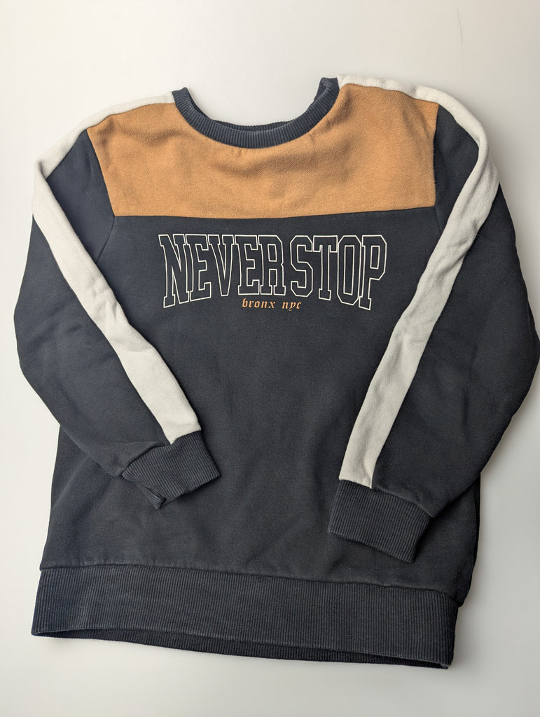 Nutmeg 'Never Stop' Jumper - Boys 8-9 Years Little Ones Preloved Used, Preloved, Preworn Baby, Girls & Boys Clothes. Kids & Children's second hand Clothing UK Online. Cheap affordable. Brands including Next, Joules, Nutmeg Morrisons, TU, F&F, H&M.