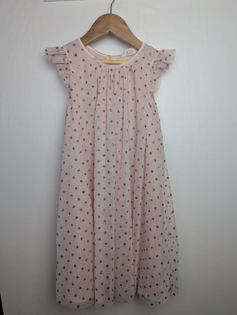 H&M Pink & Gold Mesh Party Dress - Girls 8-9 Years Little Ones Preloved Used, Preloved, Preworn Baby, Girls & Boys Clothes. Kids & Children's second hand Clothing UK Online. Cheap affordable. Brands including Next, Joules, Nutmeg Morrisons, TU, F&F, H&M.