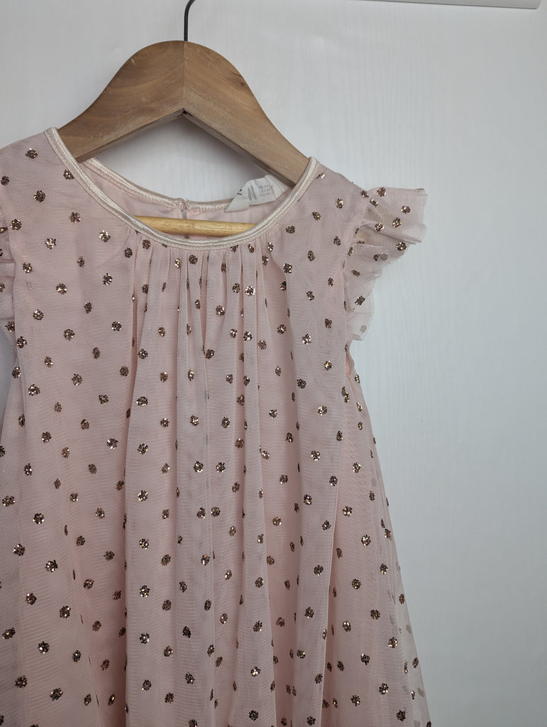 H&M Pink & Gold Mesh Party Dress - Girls 8-9 Years Little Ones Preloved Used, Preloved, Preworn Baby, Girls & Boys Clothes. Kids & Children's second hand Clothing UK Online. Cheap affordable. Brands including Next, Joules, Nutmeg Morrisons, TU, F&F, H&M.