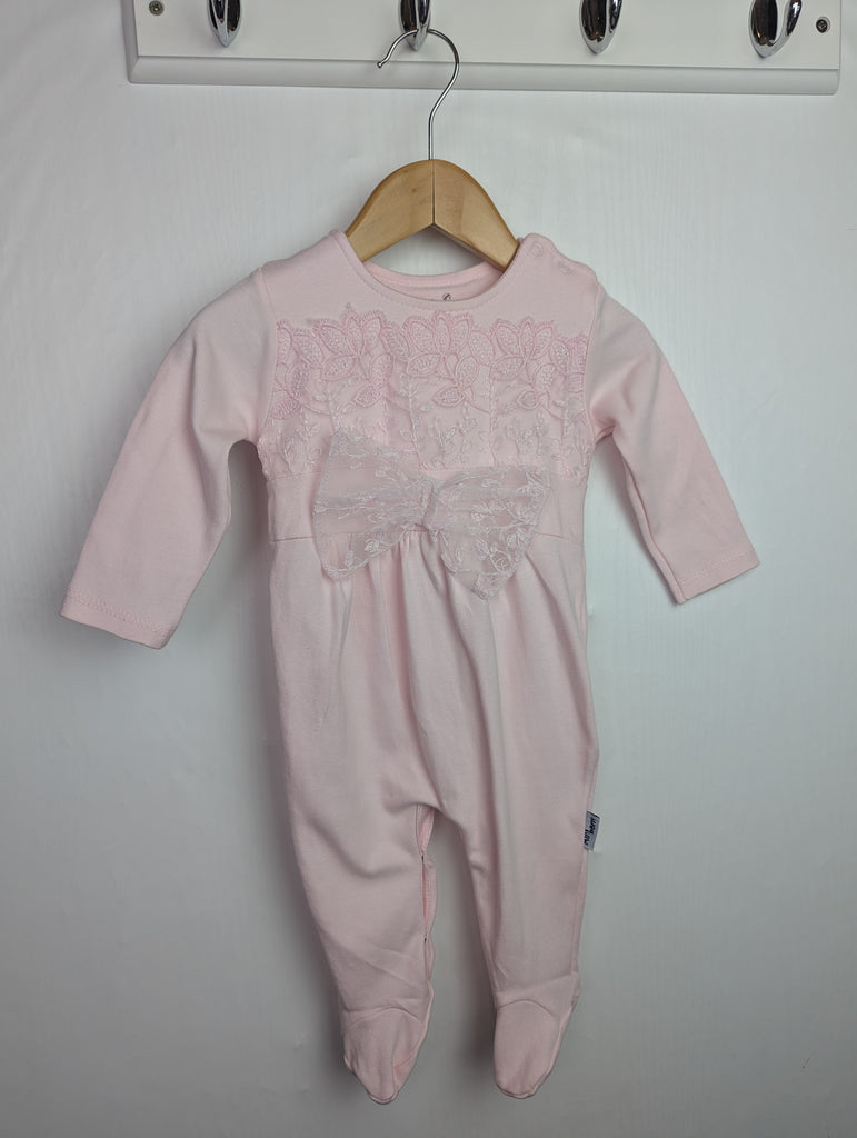 Mini Born Pink Bow Sleepsuit - Girls 3-6 Months Little Ones Preloved Used, Preloved, Preworn Baby, Girls & Boys Clothes. Kids & Children's second hand Clothing UK Online. Cheap affordable. Brands including Next, Joules, Nutmeg Morrisons, TU, F&F, H&M.