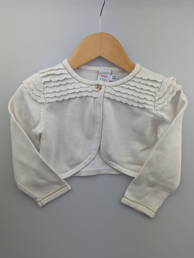 Mini Club White Bolero Cardigan - Girls 9-12 Months Little Ones Preloved Used, Preloved, Preworn Baby, Girls & Boys Clothes. Kids & Children's second hand Clothing UK Online. Cheap affordable. Brands including Next, Joules, Nutmeg Morrisons, TU, F&F, H&M.