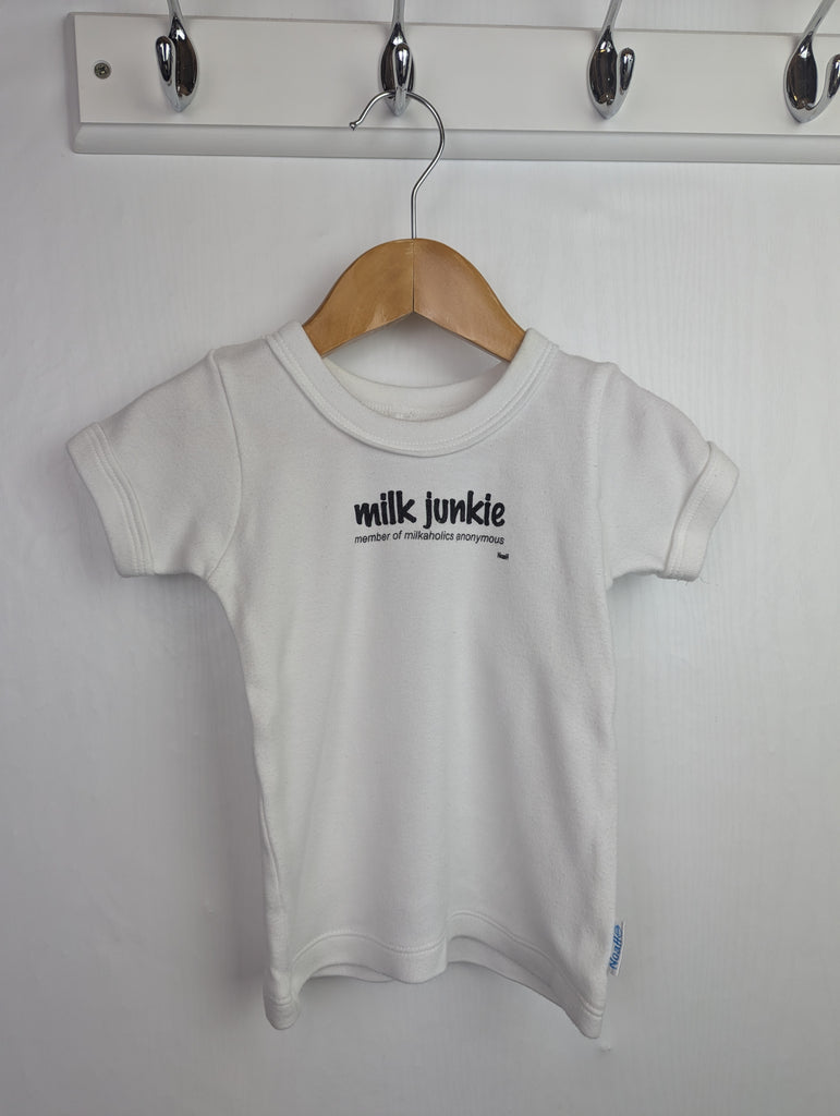 Unbranded Milk Junkie Top - Unisex 6-12 Months Little Ones Preloved Used, Preloved, Preworn Baby, Girls & Boys Clothes. Kids & Children's second hand Clothing UK Online. Cheap affordable. Brands including Next, Joules, Nutmeg Morrisons, TU, F&F, H&M.