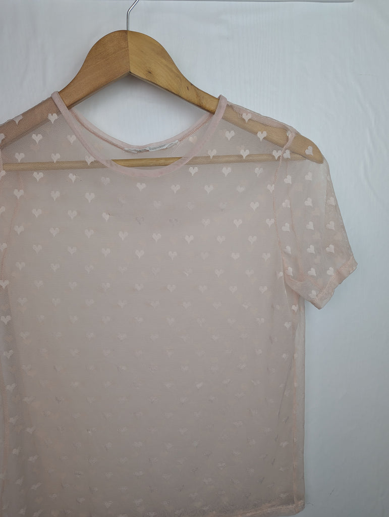 H&M Pink Heart Mesh Top - Girls 12-14 Years Little Ones Preloved Second Hand Baby, Girls & Boys Clothes. UK Postage