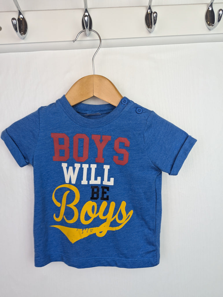 F&F Blue Slogan Top - Boys 0-3 Months Little Ones Preloved Second Hand Baby, Girls & Boys Clothes. UK Postage