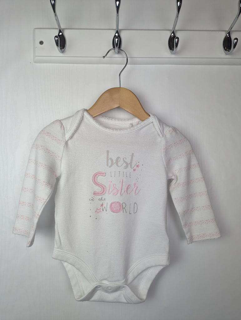 Best Little Sister Bodysuit 6-9m Mothercare Used, Preloved, Preworn & Second Hand Baby, Kids & Children's Clothing UK Online. Cheap affordable. Brands including Next, Joules, Nutmeg Morrisons, TU, F&F, H&M.