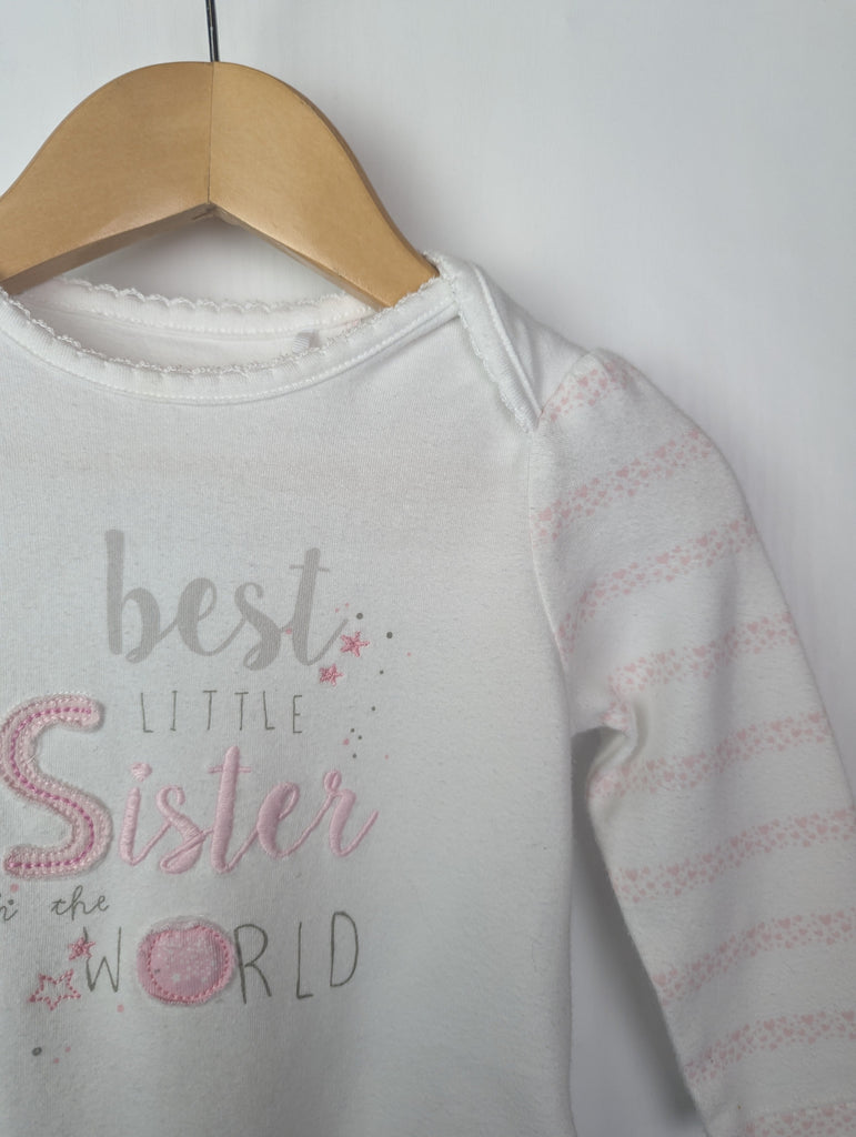 Best Little Sister Bodysuit 6-9m Mothercare Used, Preloved, Preworn Baby, Girls & Boys Clothes. Kids & Children's second hand Clothing UK Online. Cheap affordable. Brands including Next, Joules, Nutmeg Morrisons, TU, F&F, H&M.