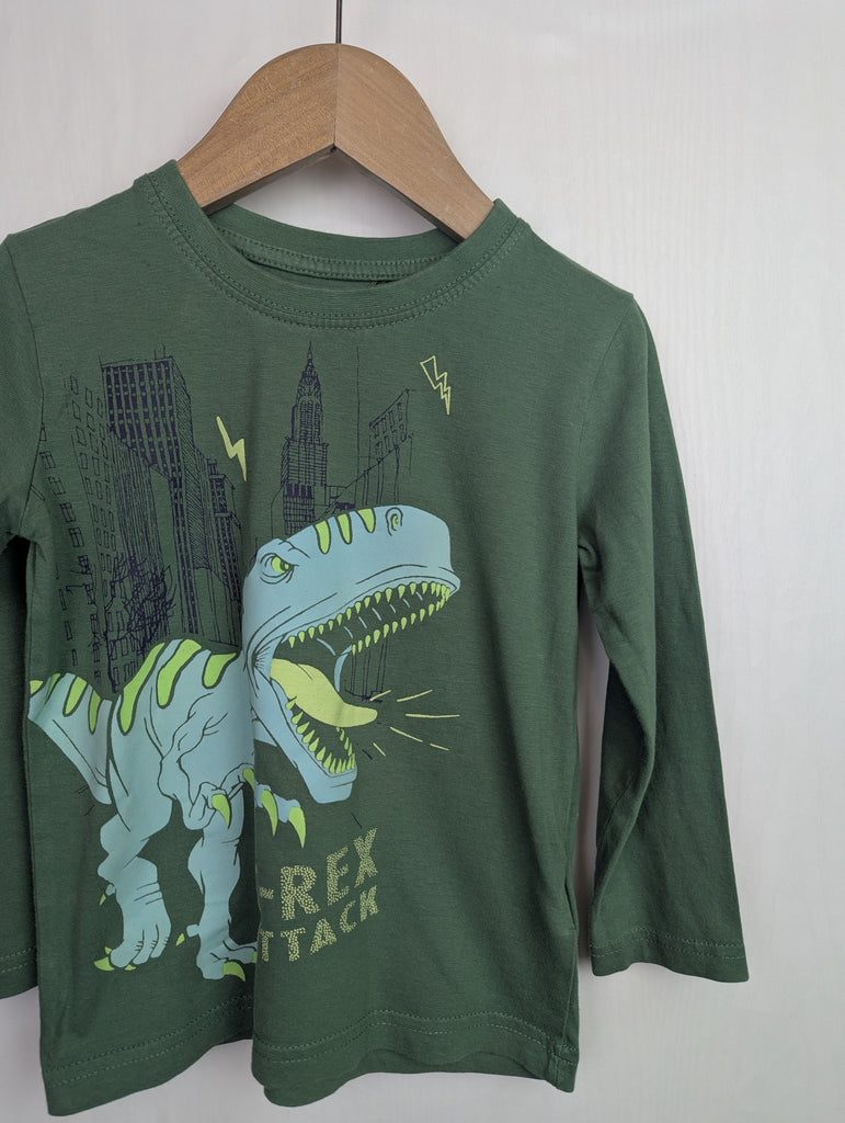 Blue Seven Green Dinosaur Top - Boys 3 Years Little Ones Preloved Used, Preloved, Preworn Baby, Girls & Boys Clothes. Kids & Children's second hand Clothing UK Online. Cheap affordable. Brands including Next, Joules, Nutmeg Morrisons, TU, F&F, H&M.