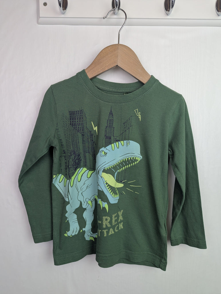 Blue Seven Green Dinosaur Top - Boys 3 Years Little Ones Preloved Used, Preloved, Preworn Baby, Girls & Boys Clothes. Kids & Children's second hand Clothing UK Online. Cheap affordable. Brands including Next, Joules, Nutmeg Morrisons, TU, F&F, H&M.