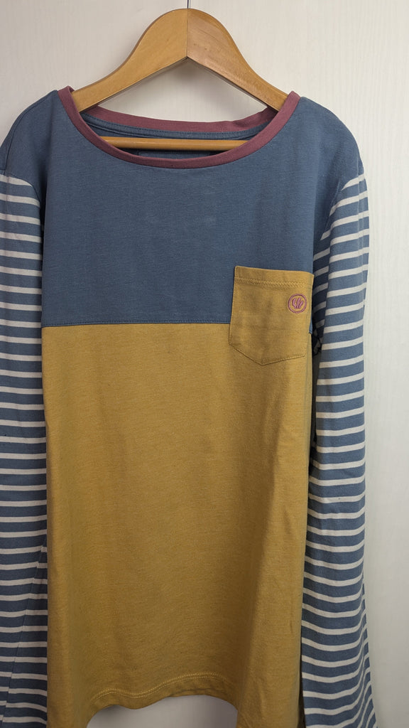 FatFat Blue & Mustard Long Sleeve Top - Girls 12-13 Years Little Ones Preloved Used, Preloved, Preworn Baby, Girls & Boys Clothes. Kids & Children's second hand Clothing UK Online. Cheap affordable. Brands including Next, Joules, Nutmeg Morrisons, TU, F&F, H&M.