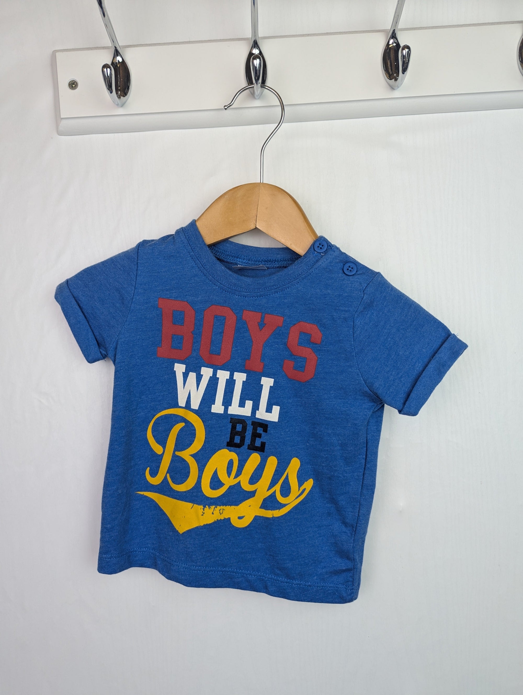 F&F Blue Slogan Top - Boys 0 - 3 Months - Little Ones Preloved. Second Hand Children's & Preloved Baby, Kids, Girls & Boys Clothes. UK online