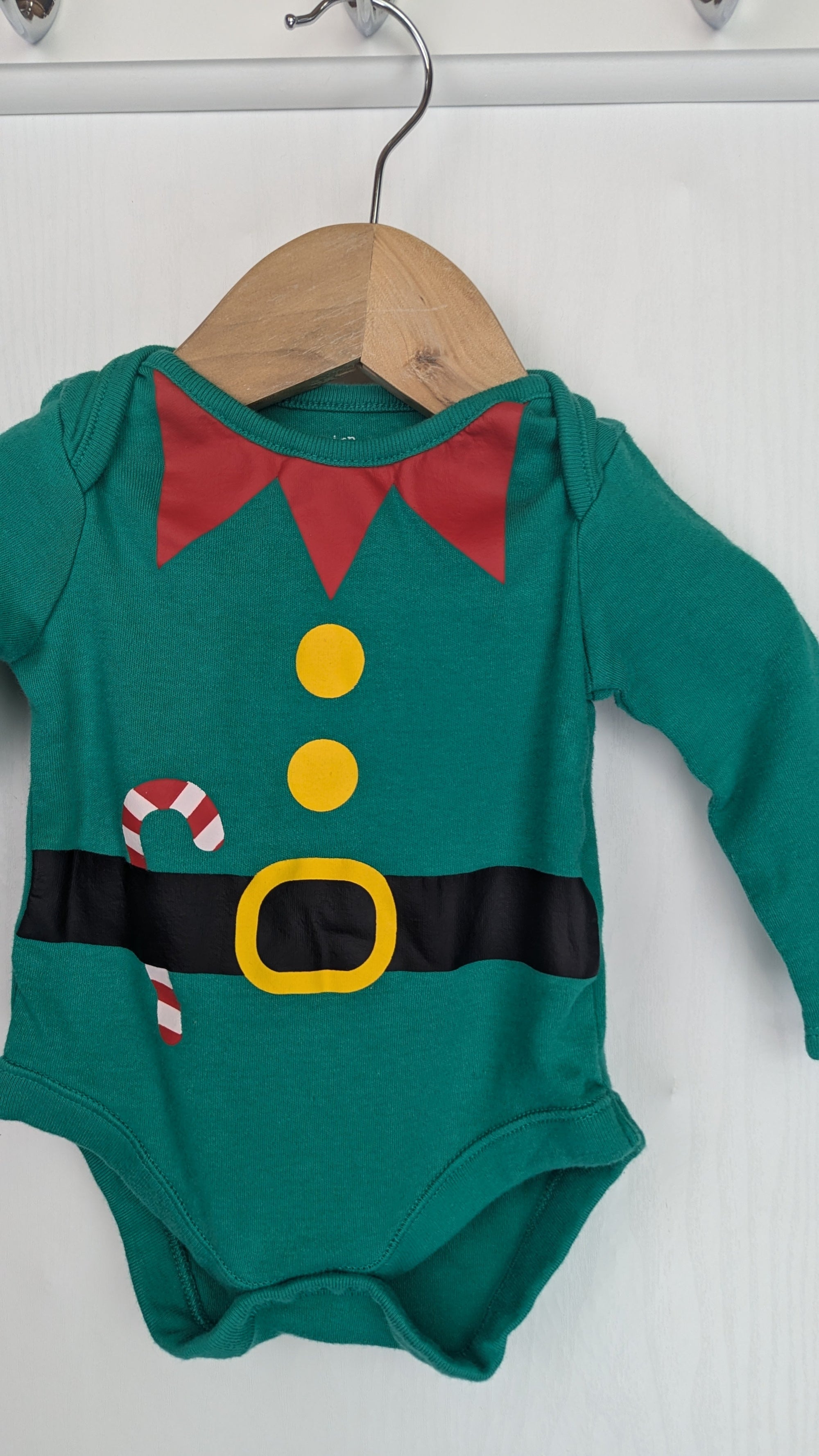 F&F Green Christmas Elf Bodysuit - Unisex Baby 3 - 6 Months - Little Ones Preloved. Second Hand Children's & Preloved Baby, Kids, Girls & Boys Clothes. UK online