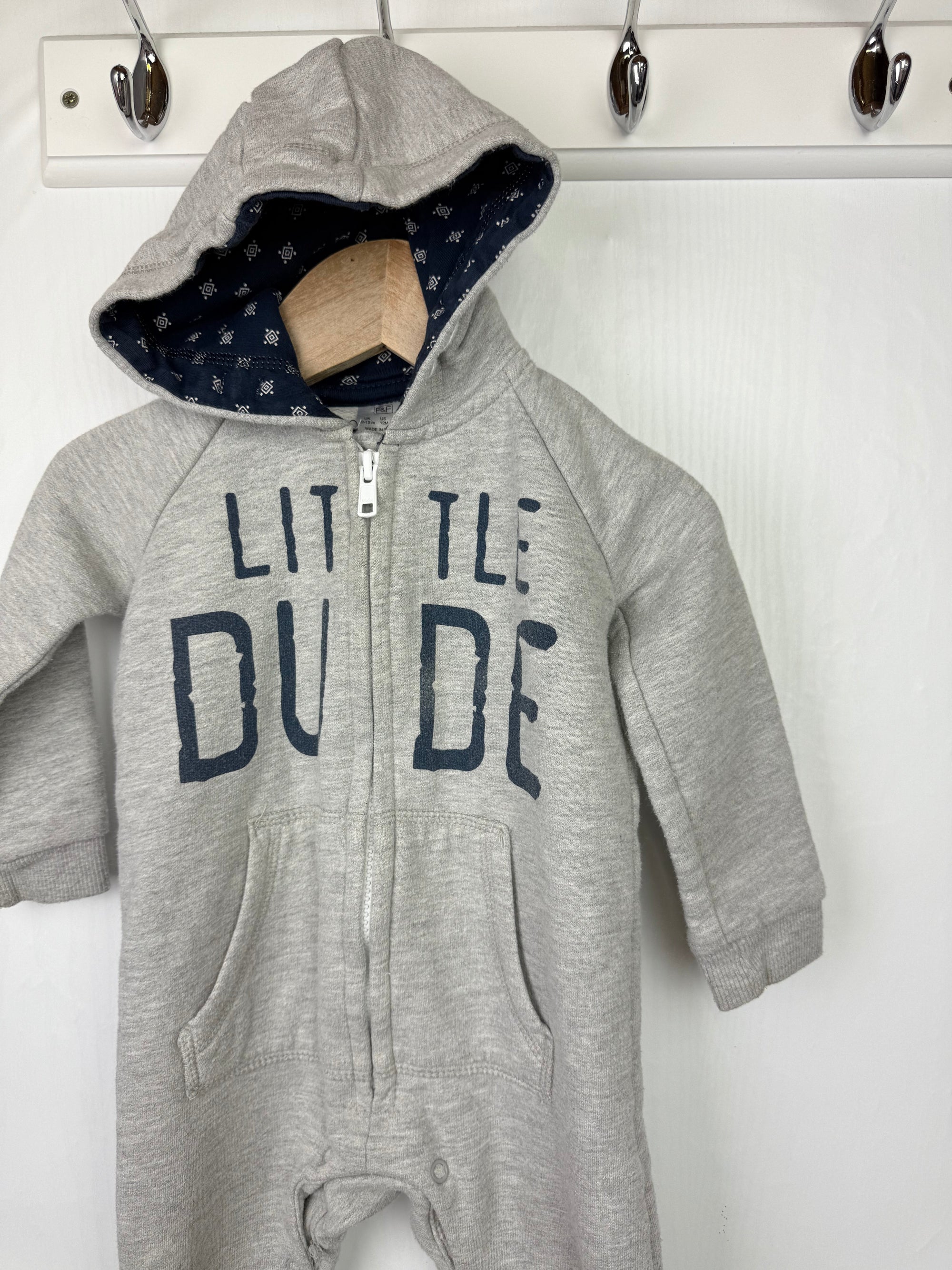 F&F Grey Little Dude All - In - One - Boys 9 - 12 Months - Little Ones Preloved. Second Hand Children's & Preloved Baby, Kids, Girls & Boys Clothes. UK online