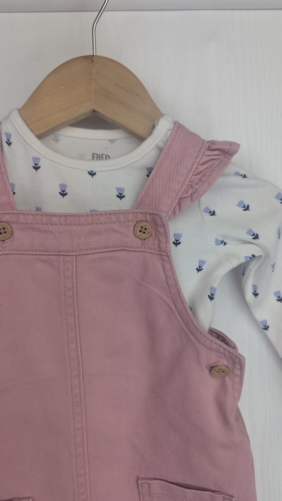 F&F Pink Dungaree Dress & Floral Bodysuit Outfit - Girls 6-9 Months F&F Used, Preloved, Preworn & Second Hand Baby, Kids & Children's Clothing UK Online. Cheap affordable. Brands including Next, Joules, Nutmeg Morrisons, TU, F&F, H&M.