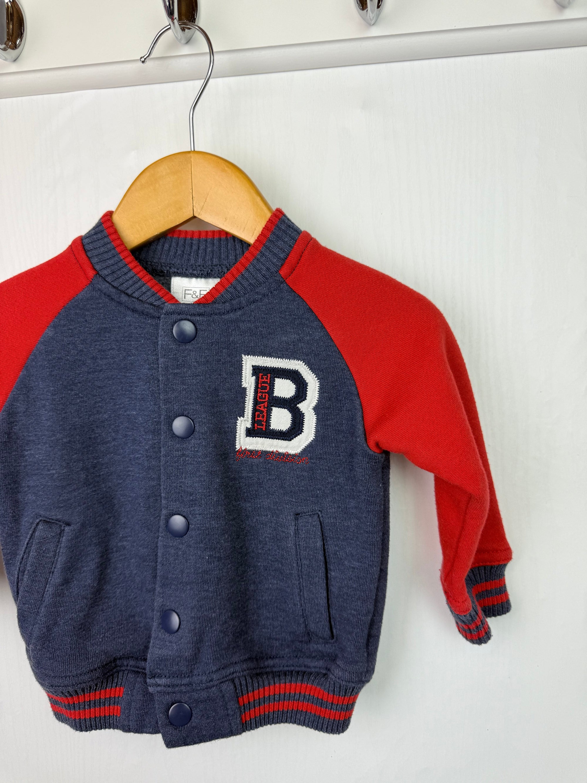 F&F Red & Navy Varsity Jacket - Boys 3 - 6 Months - Little Ones Preloved. Second Hand Children's & Preloved Baby, Kids, Girls & Boys Clothes. UK online