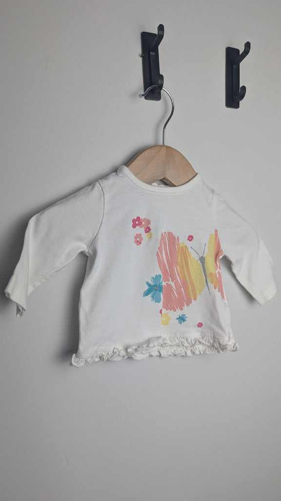 F&F White Butterly Long Sleeve Top - 0-1 Month Little Ones Preloved Used, Preloved, Preworn Baby, Girls & Boys Clothes. Kids & Children's second hand Clothing UK Online. Cheap affordable. Brands including Next, Joules, Nutmeg Morrisons, TU, F&F, H&M.