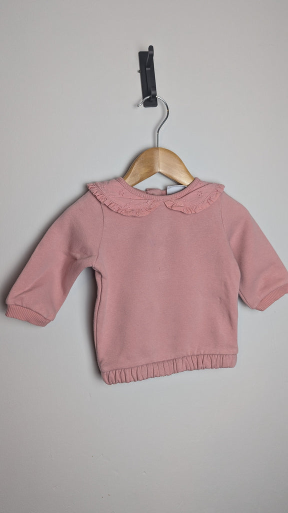 Fred & Flo Pink Eyelet Collar Jumper - Girls 0-3 Months Little Ones Preloved Used, Preloved, Preworn Baby, Girls & Boys Clothes. Kids & Children's second hand Clothing UK Online. Cheap affordable. Brands including Next, Joules, Nutmeg Morrisons, TU, F&F, H&M.