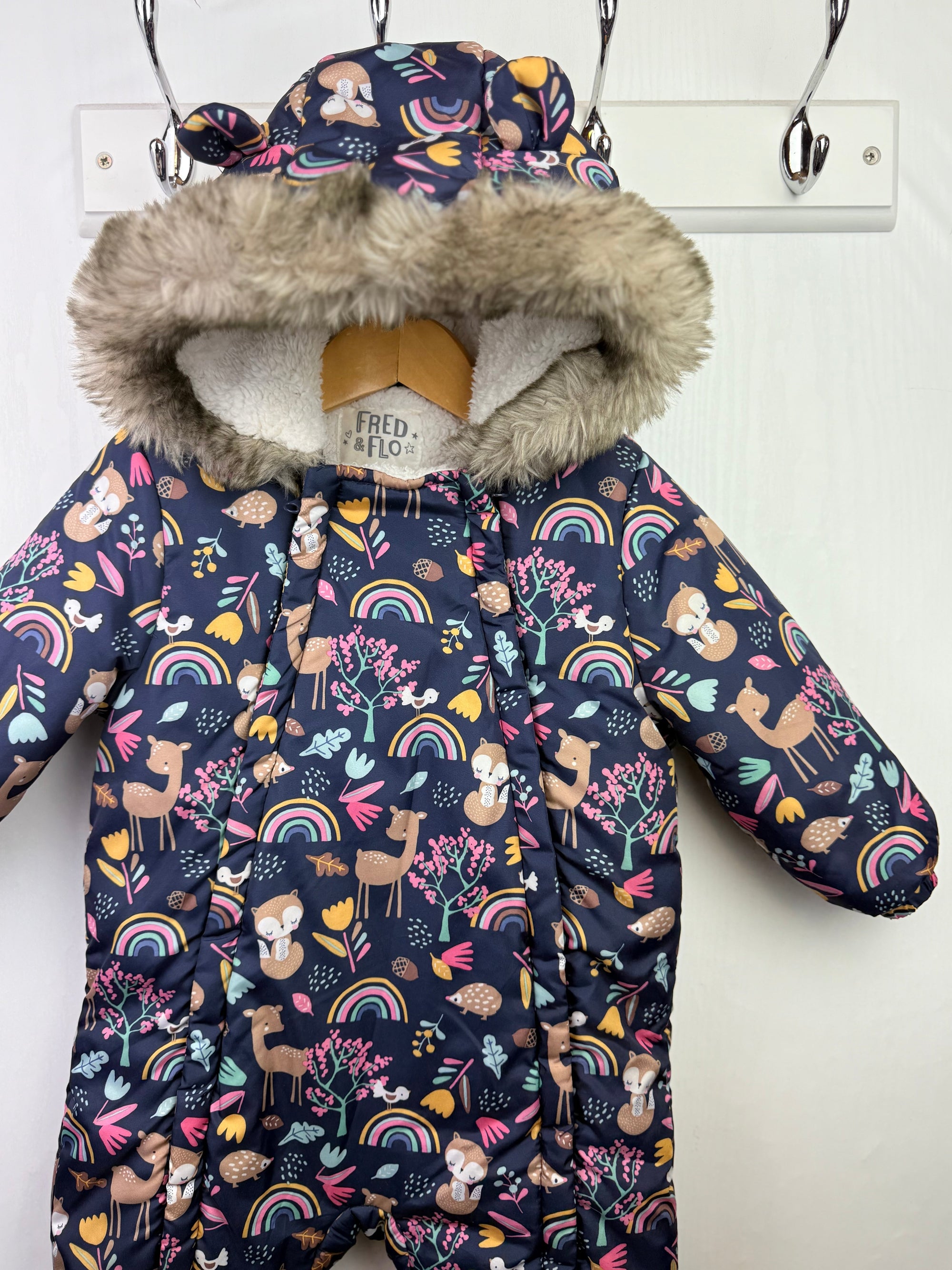 Fred & Flo Rainbow Animals Pramsuit - Baby Girls 9 - 12 Months - Little Ones Preloved. Second Hand Children's & Preloved Baby, Kids, Girls & Boys Clothes. UK online
