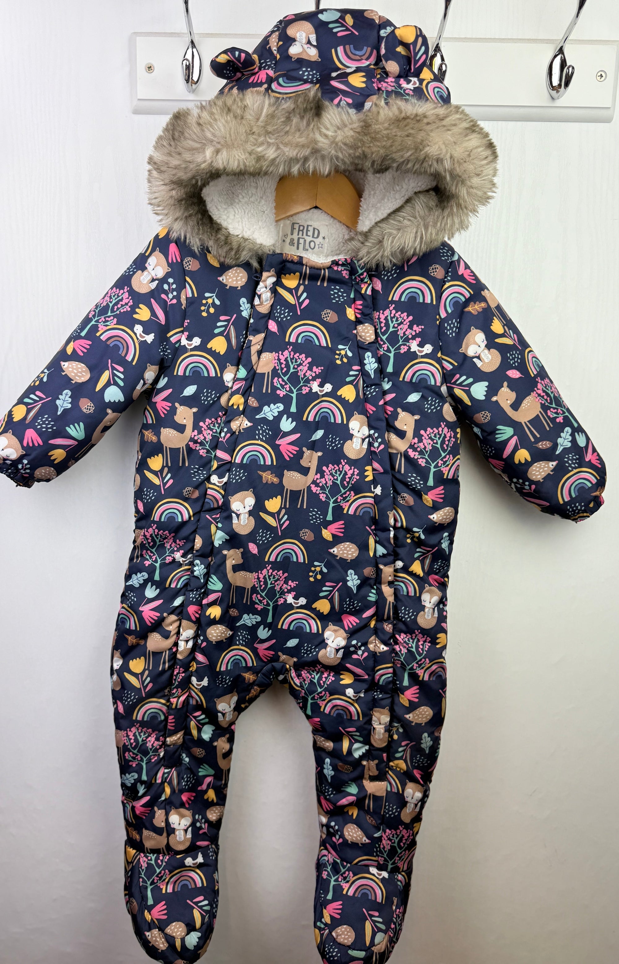 Fred & Flo Rainbow Animals Pramsuit - Baby Girls 9 - 12 Months - Little Ones Preloved. Second Hand Children's & Preloved Baby, Kids, Girls & Boys Clothes. UK online