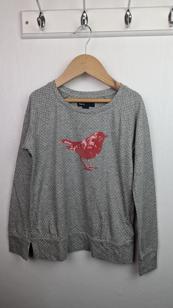 Gap Grey Spotty Bird Top - Girls 8-9 Years Gap Used, Preloved, Preworn & Second Hand Baby, Kids & Children's Clothing UK Online. Cheap affordable. Brands including Next, Joules, Nutmeg Morrisons, TU, F&F, H&M.