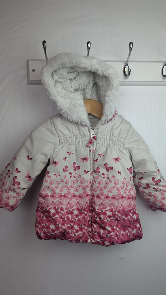 George Butterfly & Floral Padded Coat - Girls 6-9 Months Little Ones Preloved Used, Preloved, Preworn & Second Hand Baby, Kids & Children's Clothing UK Online. Cheap affordable. Brands including Next, Joules, Nutmeg Morrisons, TU, F&F, H&M.