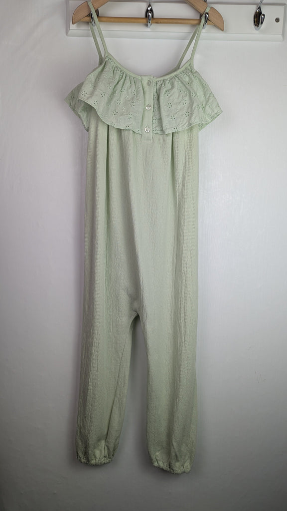 George Sage Green Eyelet Jumpsuit - Girls 5-6 Years Little Ones Preloved Used, Preloved, Preworn Baby, Girls & Boys Clothes. Kids & Children's second hand Clothing UK Online. Cheap affordable. Brands including Next, Joules, Nutmeg Morrisons, TU, F&F, H&M.