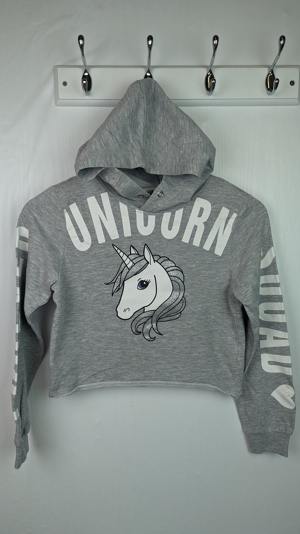 H&M Grey Unicorn Crop Hoodie - Girls 10 - 12 Years - Little Ones Preloved. Second Hand Children's & Preloved Baby, Kids, Girls & Boys Clothes. UK online