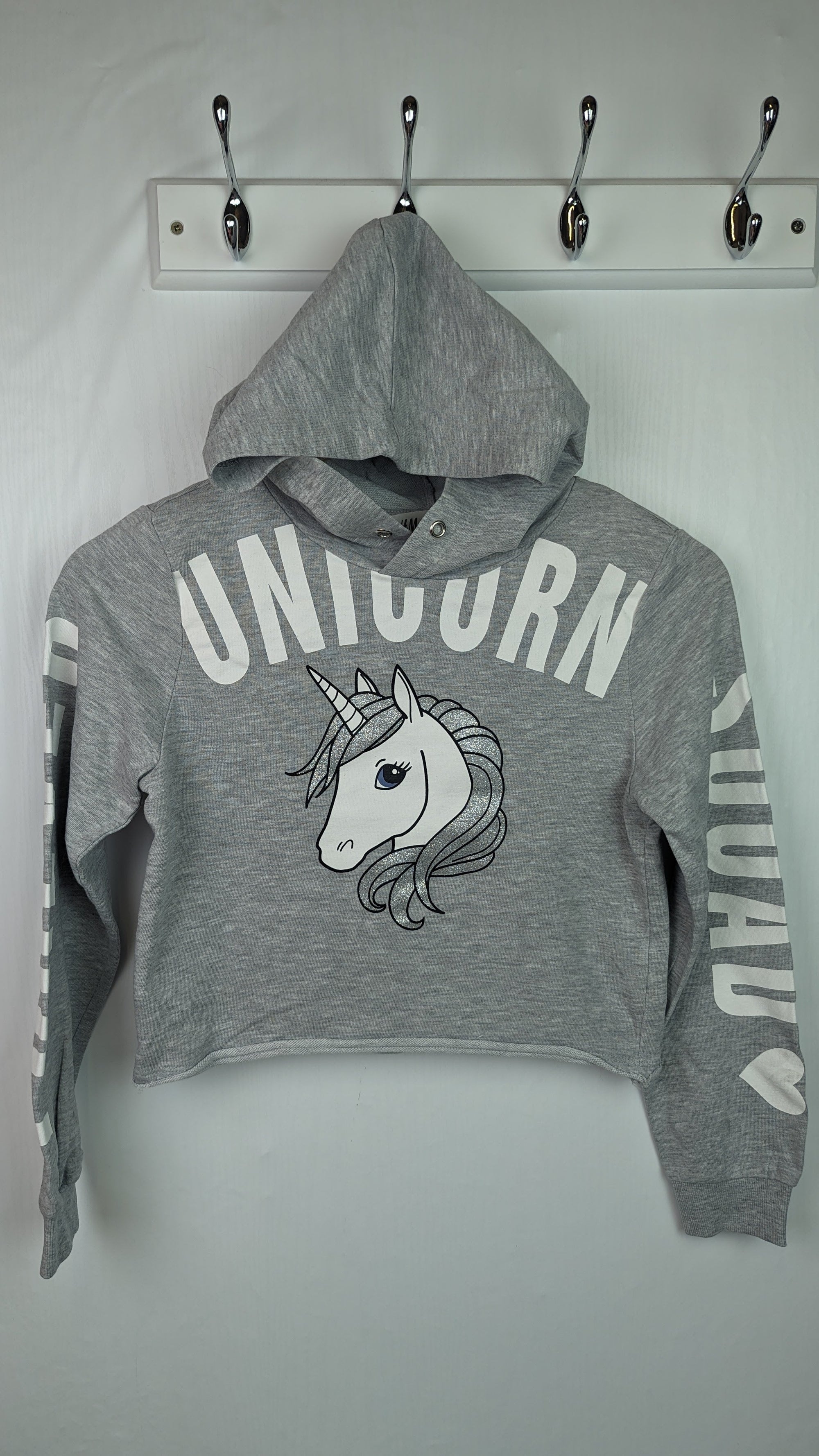 H&M Grey Unicorn Crop Hoodie - Girls 10 - 12 Years - Little Ones Preloved. Second Hand Children's & Preloved Baby, Kids, Girls & Boys Clothes. UK online