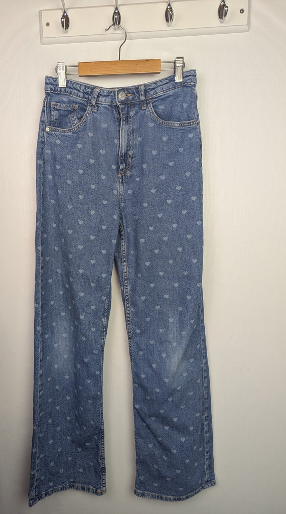 H&M Heart Wide Leg Denim Jeans - Girls 13-14 Years Little Ones Preloved Used, Preloved, Preworn Baby, Girls & Boys Clothes. Kids & Children's second hand Clothing UK Online. Cheap affordable. Brands including Next, Joules, Nutmeg Morrisons, TU, F&F, H&M.