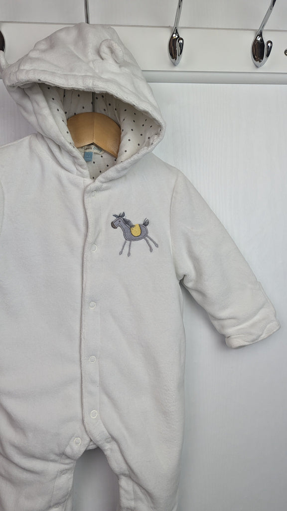 John Lewis Velour Donkey Pramsuit - Unisex 0-3 Months Little Ones Preloved Used, Preloved, Preworn & Second Hand Baby, Kids & Children's Clothing UK Online. Cheap affordable. Brands including Next, Joules, Nutmeg Morrisons, TU, F&F, H&M.