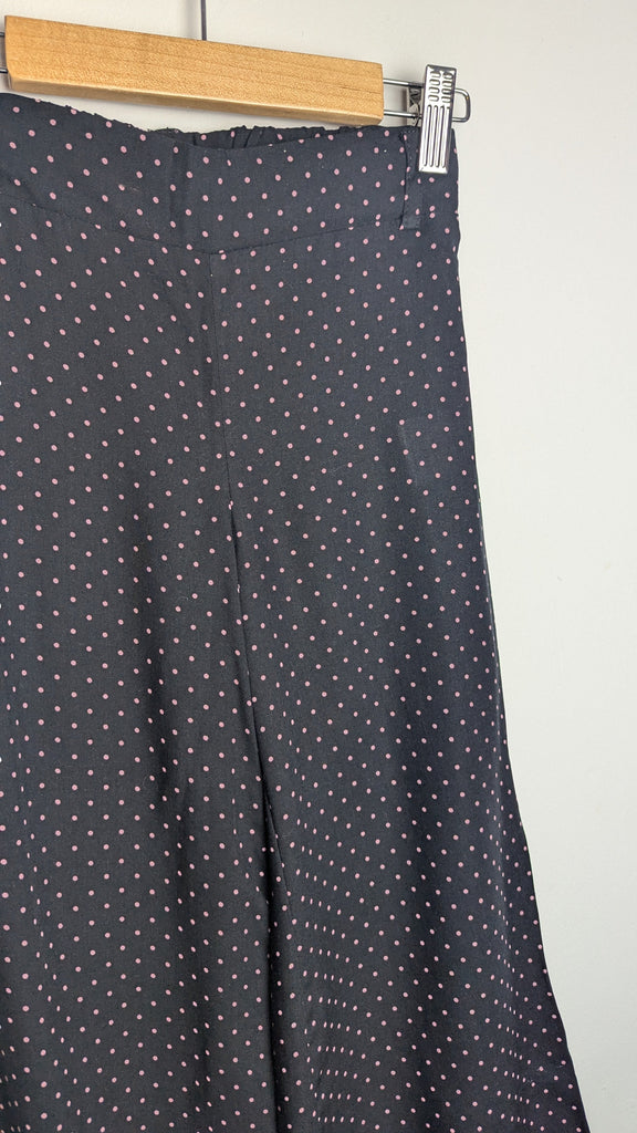 Matalan Black & Pink Spot Wide Leg Trousers - Girls 6-7 Years Little Ones Preloved Used, Preloved, Preworn Baby, Girls & Boys Clothes. Kids & Children's second hand Clothing UK Online. Cheap affordable. Brands including Next, Joules, Nutmeg Morrisons, TU, F&F, H&M.