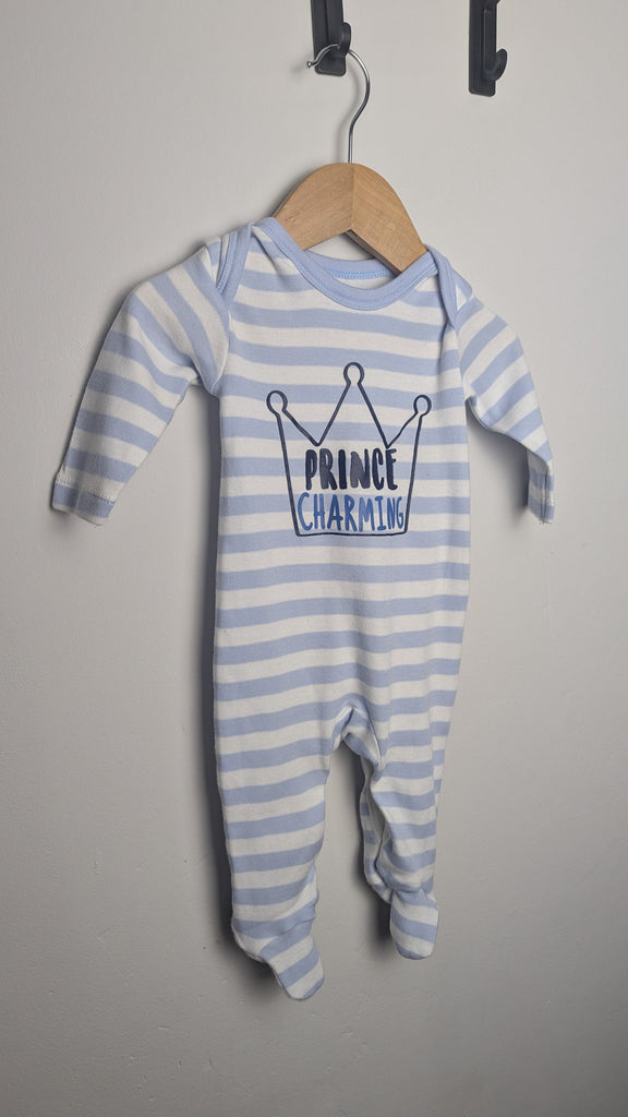 Matalan Blue Striped Prince Charming Sleepsuit - Boys Newborn Little Ones Preloved Used, Preloved, Preworn & Second Hand Baby, Kids & Children's Clothing UK Online. Cheap affordable. Brands including Next, Joules, Nutmeg Morrisons, TU, F&F, H&M.