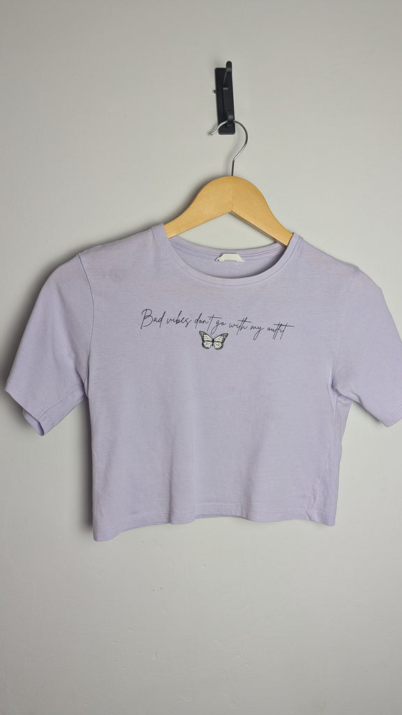 Matalan Purple Butterfly Crop Top - Girls 9 Years Little Ones Preloved Used, Preloved, Preworn Baby, Girls & Boys Clothes. Kids & Children's second hand Clothing UK Online. Cheap affordable. Brands including Next, Joules, Nutmeg Morrisons, TU, F&F, H&M.