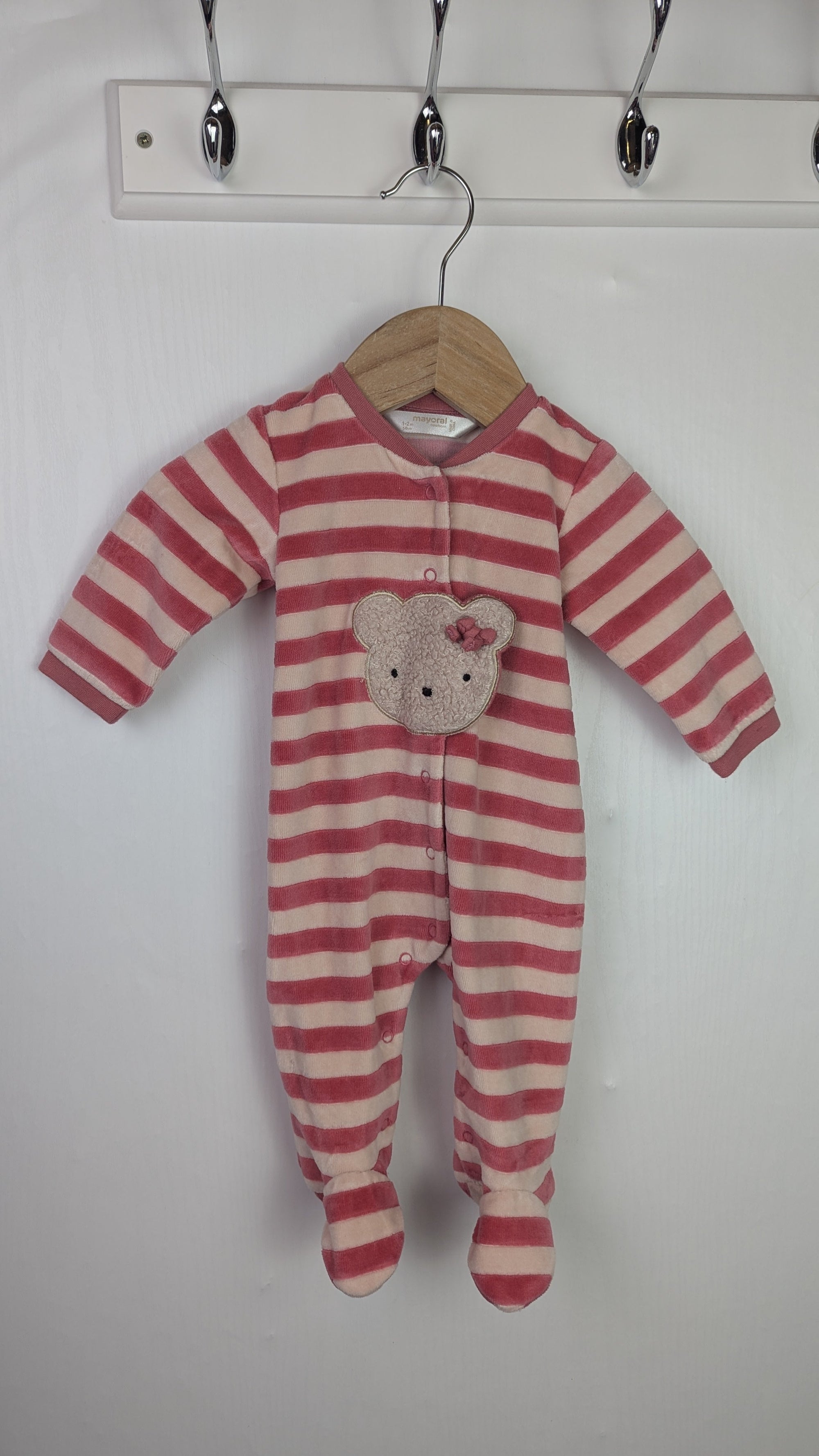 Mayoral Pink Bear Velour Sleepsuit - Girls 1 - 2 Months - Little Ones Preloved. Second Hand Children's & Preloved Baby, Kids, Girls & Boys Clothes. UK online