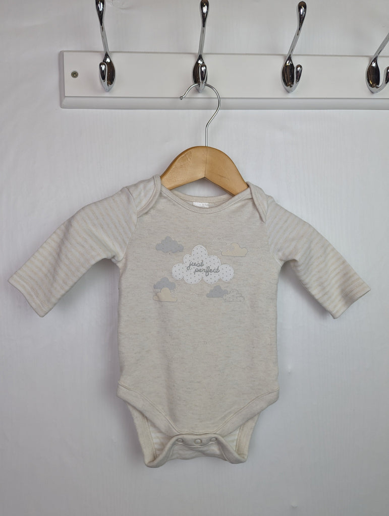 Mini Club 'Just Perfect' Bodysuit - Unisex Newborn Little Ones Preloved Used, Preloved, Preworn Baby, Girls & Boys Clothes. Kids & Children's second hand Clothing UK Online. Cheap affordable. Brands including Next, Joules, Nutmeg Morrisons, TU, F&F, H&M.