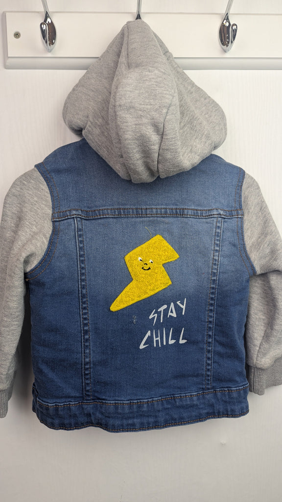 Minoti 'Stay Chill' Hooded Denim Jacket - Boys 18-24 Months Palomino Used, Preloved, Preworn & Second Hand Baby, Kids & Children's Clothing UK Online. Cheap affordable. Brands including Next, Joules, Nutmeg Morrisons, TU, F&F, H&M.