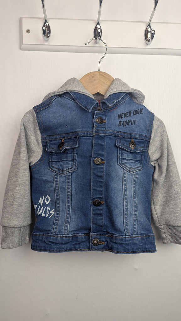 Minoti 'Stay Chill' Hooded Denim Jacket - Boys 18-24 Months Palomino Used, Preloved, Preworn Baby, Girls & Boys Clothes. Kids & Children's second hand Clothing UK Online. Cheap affordable. Brands including Next, Joules, Nutmeg Morrisons, TU, F&F, H&M.