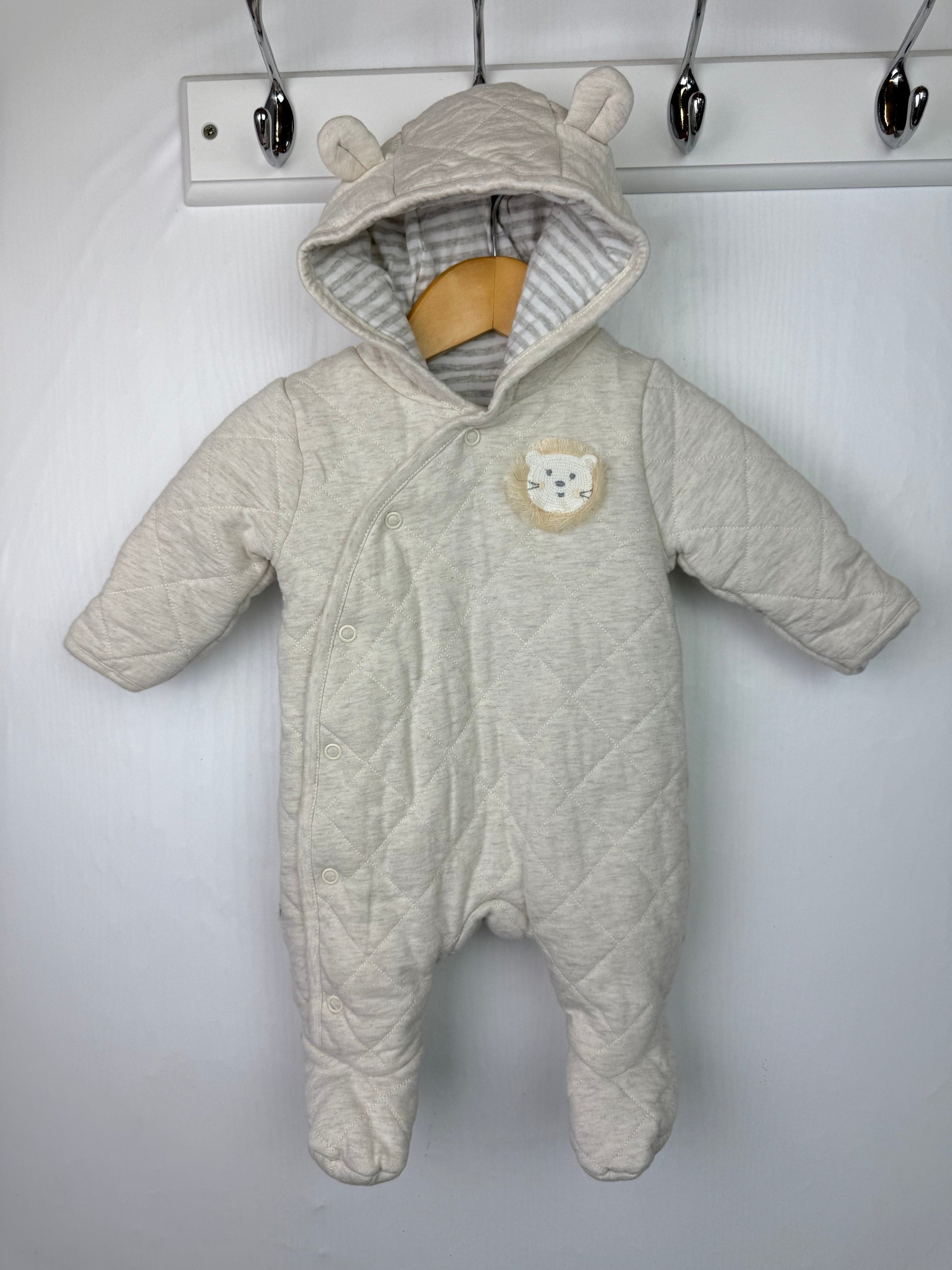 Mothercare Beige Lion Pramsuit - Unisex Newborn - Little Ones Preloved. Second Hand Children's & Preloved Baby, Kids, Girls & Boys Clothes. UK online