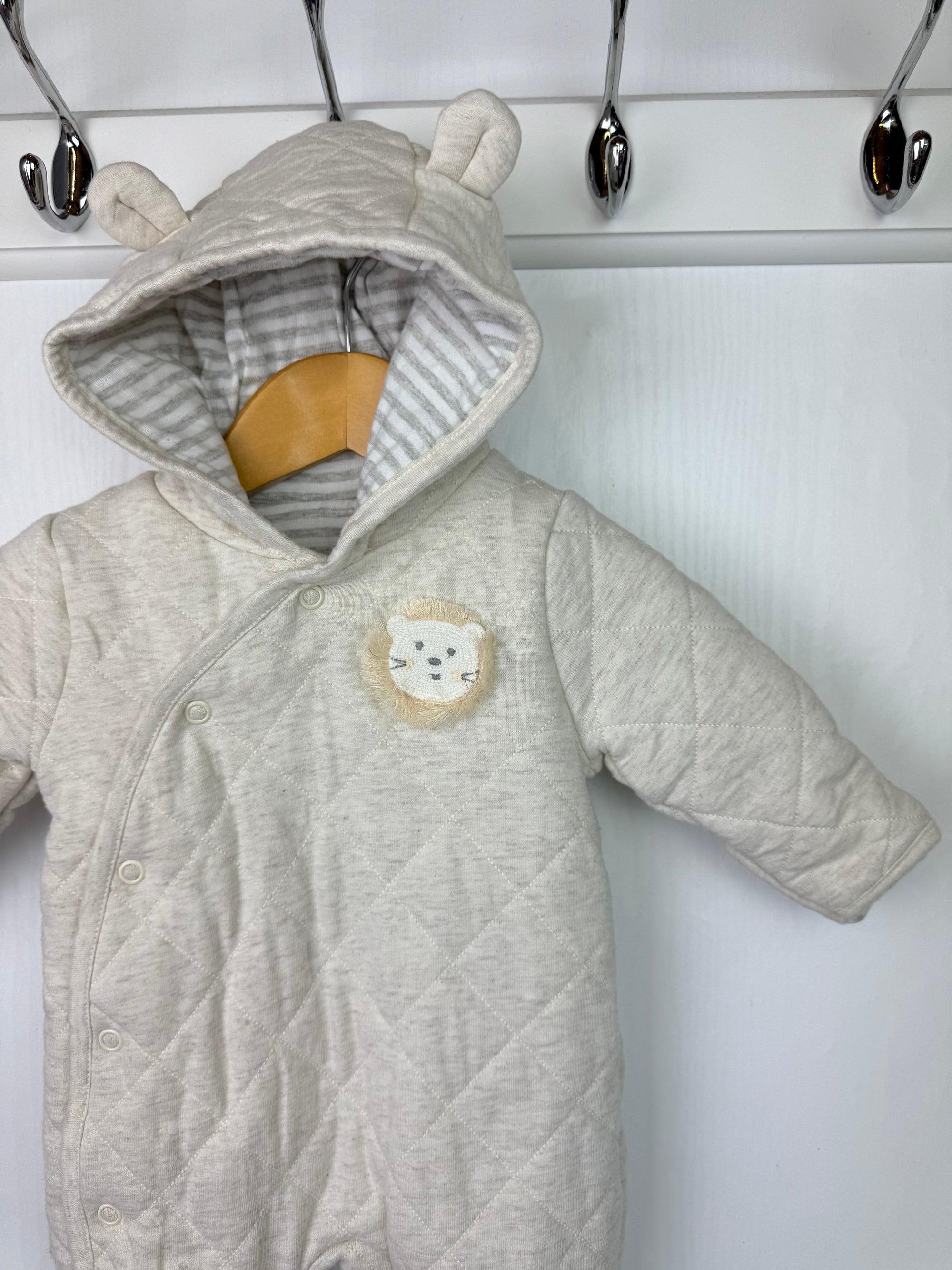 Mothercare Beige Lion Pramsuit - Unisex Newborn - Little Ones Preloved. Second Hand Children's & Preloved Baby, Kids, Girls & Boys Clothes. UK online