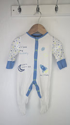 Mothercare white & blue rocket ship sleepsuit - Girls 1 - 3 Months - Little Ones Preloved. Second Hand Children's & Preloved Baby, Kids, Girls & Boys Clothes. UK online