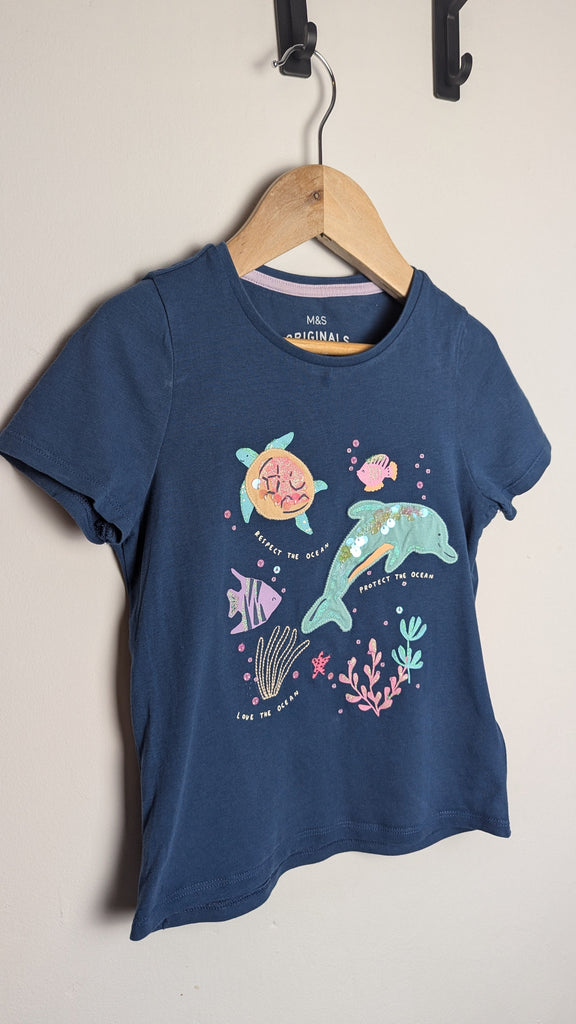 M&S Blue Under The Sew Sequin & Glitter Top - Girls 5-6 Years Little Ones Preloved Used, Preloved, Preworn & Second Hand Baby, Kids & Children's Clothing UK Online. Cheap affordable. Brands including Next, Joules, Nutmeg Morrisons, TU, F&F, H&M.